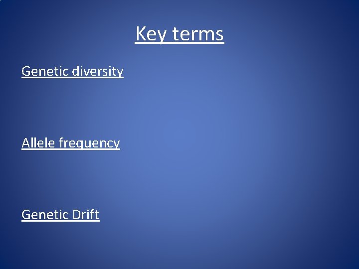 Key terms Genetic diversity Allele frequency Genetic Drift 