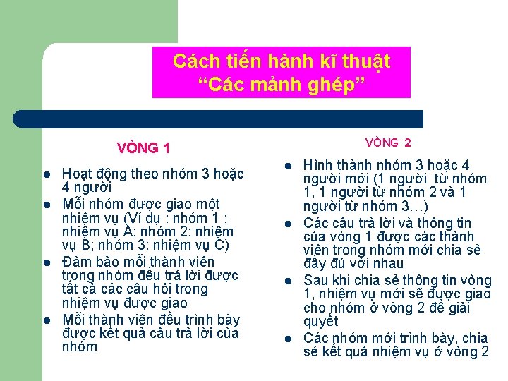 Cách tiến hành kĩ thuật “Các mảnh ghép” VÒNG 2 VÒNG 1 l l