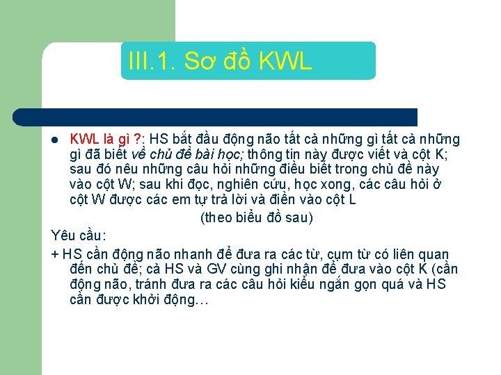 III. 1. Sơ đồ KWL là gì ? : HS bắt đầu động não