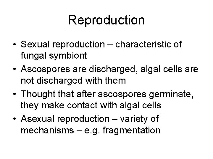 Reproduction • Sexual reproduction – characteristic of fungal symbiont • Ascospores are discharged, algal