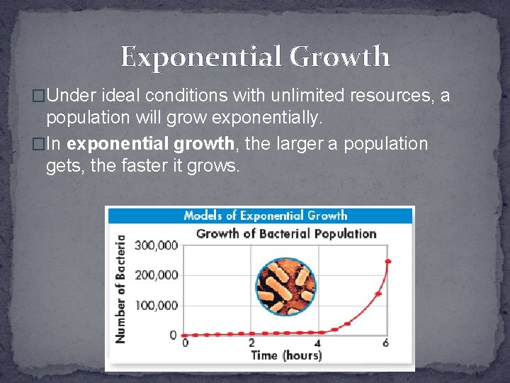 Exponential Growth �Under ideal conditions with unlimited resources, a population will grow exponentially. �In