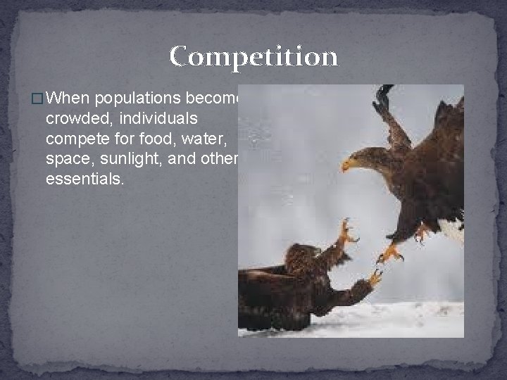 Competition � When populations become crowded, individuals compete for food, water, space, sunlight, and