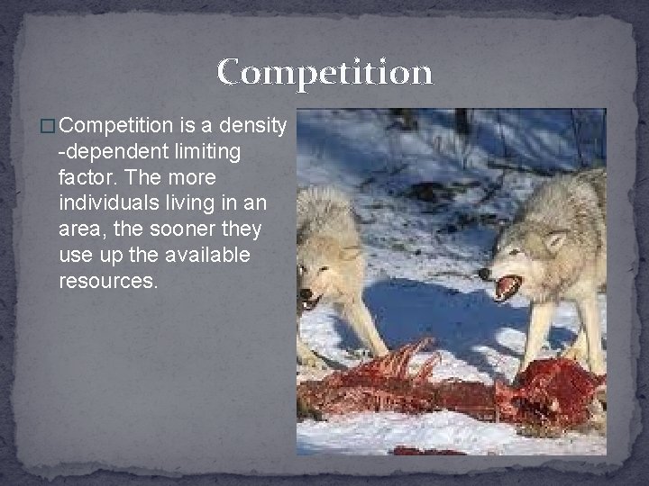 Competition � Competition is a density -dependent limiting factor. The more individuals living in