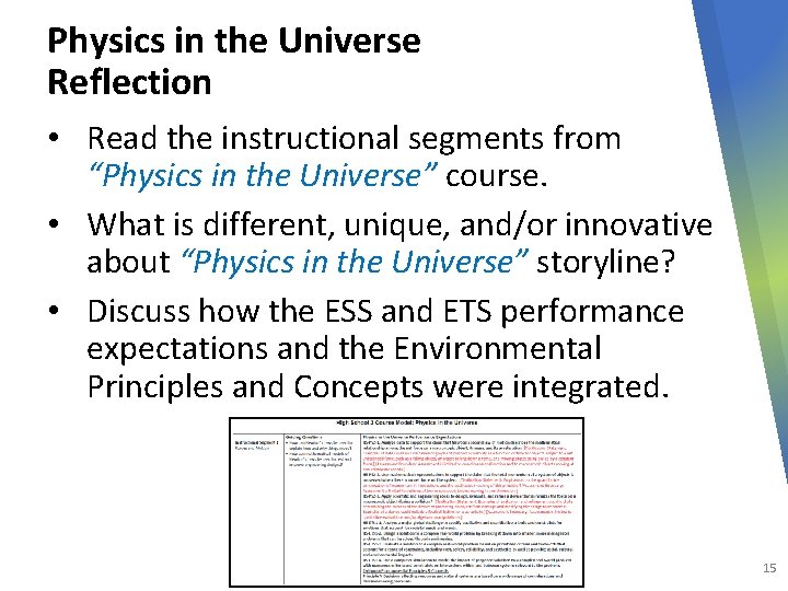 Physics in the Universe Reflection • Read the instructional segments from “Physics in the