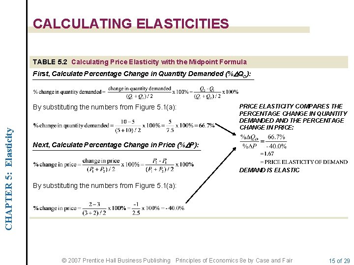 CALCULATING ELASTICITIES TABLE 5. 2 Calculating Price Elasticity with the Midpoint Formula First, Calculate