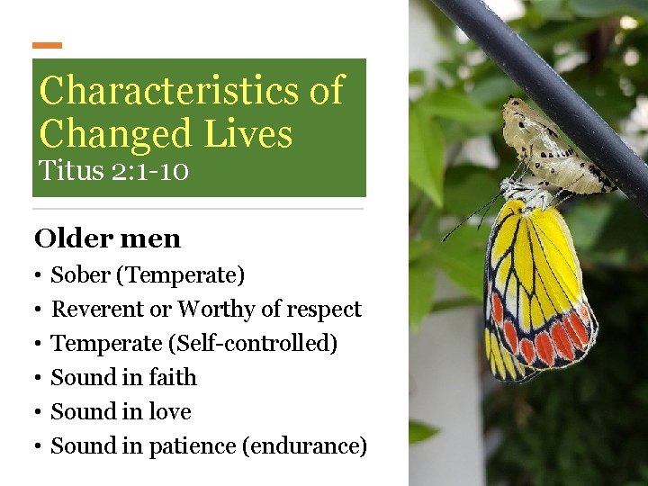Characteristics of Changed Lives Titus 2: 1 -10 Older men • • • Sober Characteristics of Changed Lives Titus 2: 1 -10 Older men • • • Sober