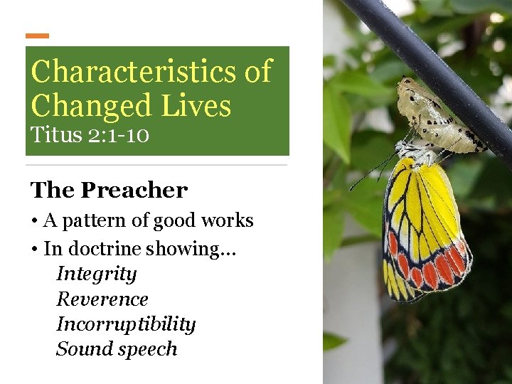 Characteristics of Changed Lives Titus 2: 1 -10 The Preacher • A pattern of