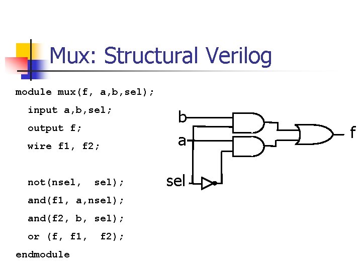 Mux: Structural Verilog module mux(f, a, b, sel); input a, b, sel; output f;