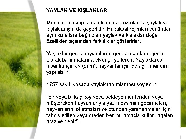 YAYLAK VE KIŞLAKLAR Mer’alar için yapılan açıklamalar, öz olarak, yaylak ve kışlaklar için de