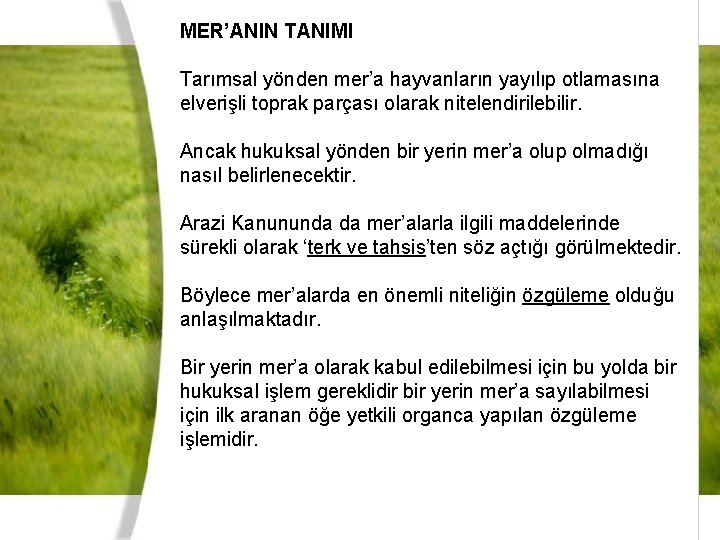 MER’ANIN TANIMI Tarımsal yönden mer’a hayvanların yayılıp otlamasına elverişli toprak parçası olarak nitelendirilebilir. Ancak