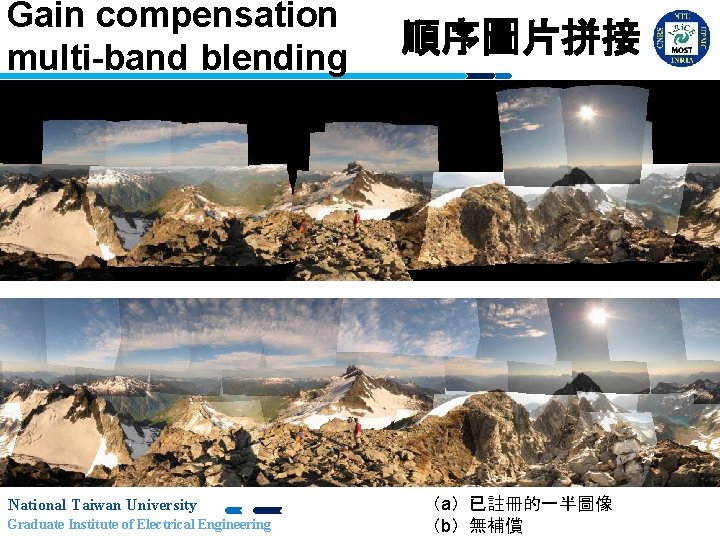 Gain compensation multi-band blending National Taiwan University Graduate Institute of Electrical Engineering 順序圖片拼接 （a）已註冊的一半圖像