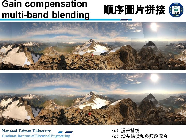 Gain compensation multi-band blending National Taiwan University Graduate Institute of Electrical Engineering 順序圖片拼接 （c）獲得補償