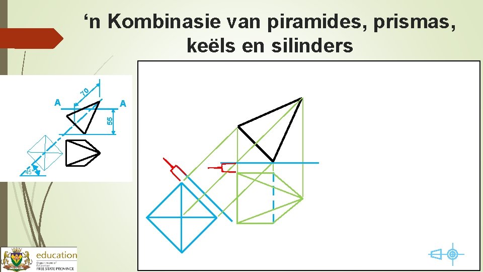‘n Kombinasie van piramides, prismas, keëls en silinders A 55 A 70 45° 