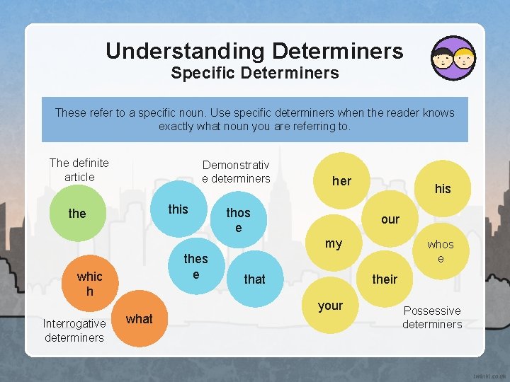 Understanding Determiners Specific Determiners These refer to a specific noun. Use specific determiners when
