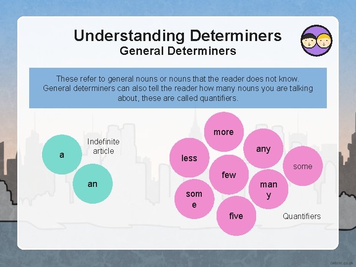 Understanding Determiners General Determiners These refer to general nouns or nouns that the reader