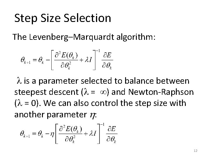 Step Size Selection The Levenberg–Marquardt algorithm: is a parameter selected to balance between steepest