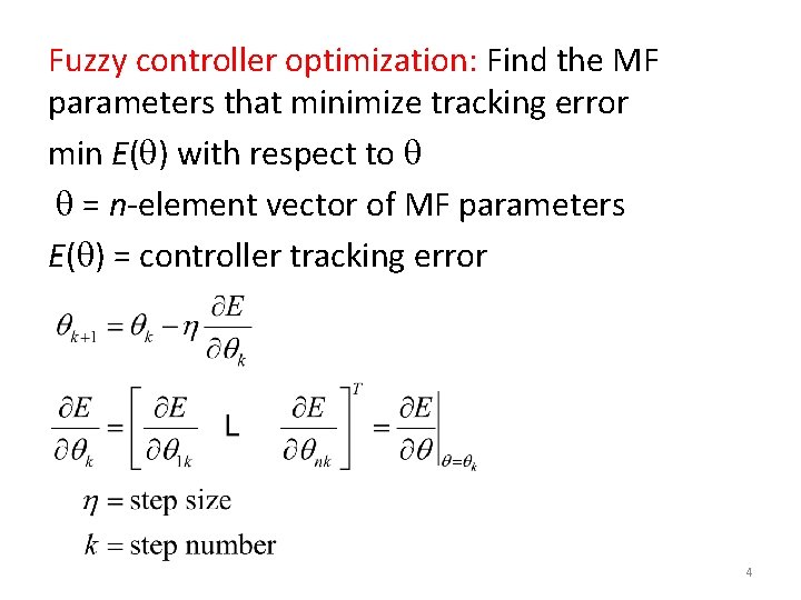 Fuzzy controller optimization: Find the MF parameters that minimize tracking error min E( )