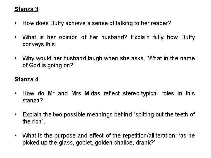 Stanza 3 • How does Duffy achieve a sense of talking to her reader?