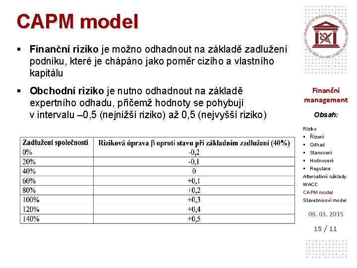 CAPM model § Finanční riziko je možno odhadnout na základě zadlužení podniku, které je