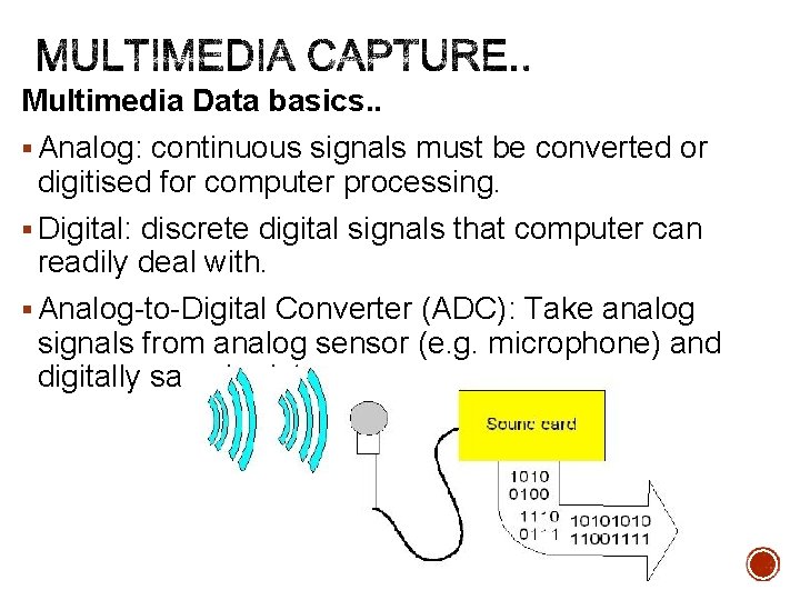 Multimedia Data basics. . § Analog: continuous signals must be converted or digitised for