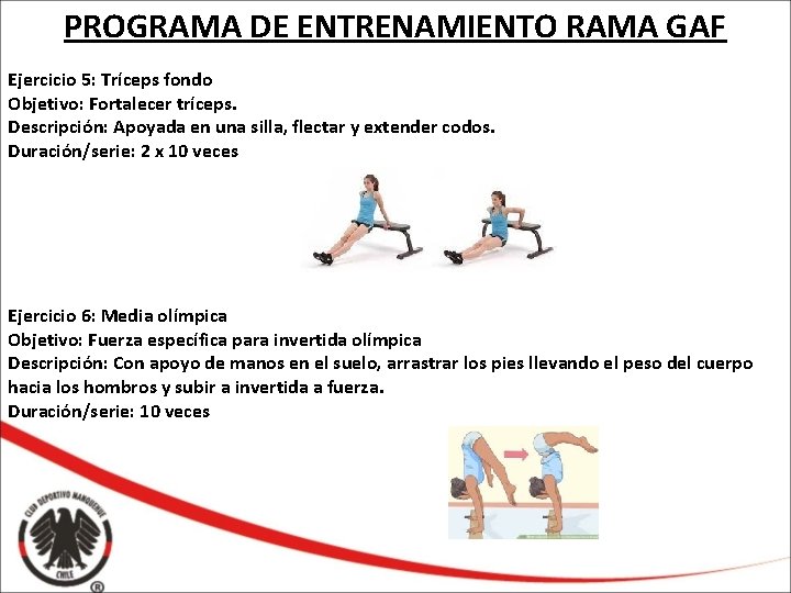 PROGRAMA DE ENTRENAMIENTO RAMA GAF Ejercicio 5: Tríceps fondo Objetivo: Fortalecer tríceps. Descripción: Apoyada