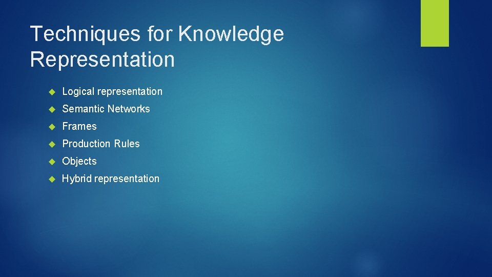 Techniques for Knowledge Representation Logical representation Semantic Networks Frames Production Rules Objects Hybrid representation