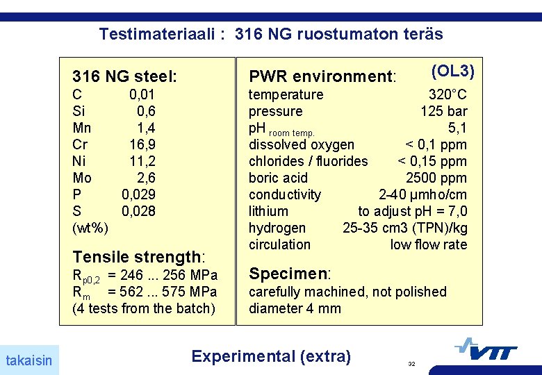 Testimateriaali : 316 NG ruostumaton teräs PWR environment: C 0, 01 Si 0, 6