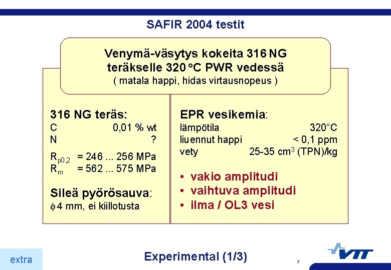 SAFIR 2004 testit Venymä-väsytys kokeita 316 NG teräkselle 320 C PWR vedessä ( matala