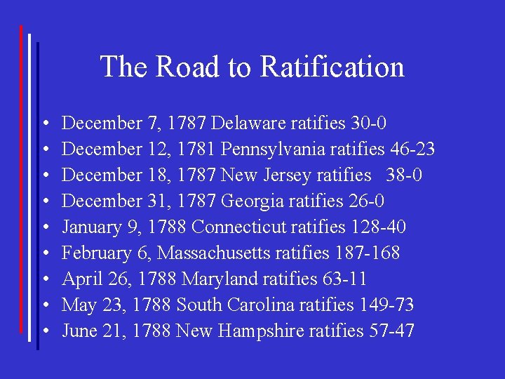 The Road to Ratification • • • December 7, 1787 Delaware ratifies 30 -0
