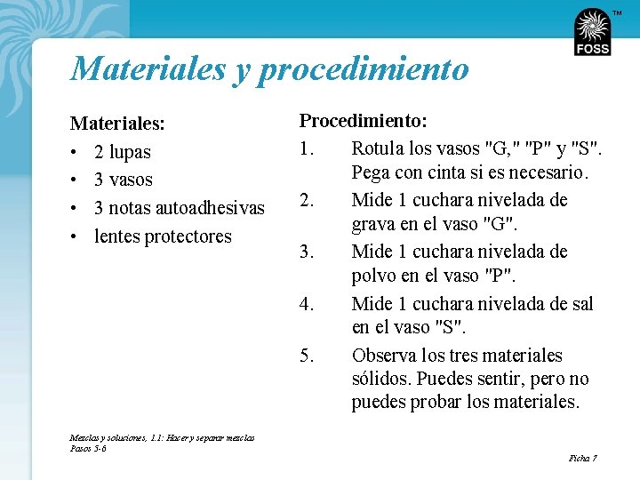 TM Materiales y procedimiento Materiales: • 2 lupas • 3 vasos • 3 notas