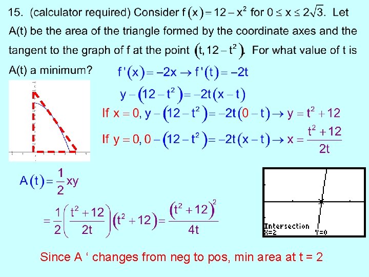 Since A ‘ changes from neg to pos, min area at t = 2