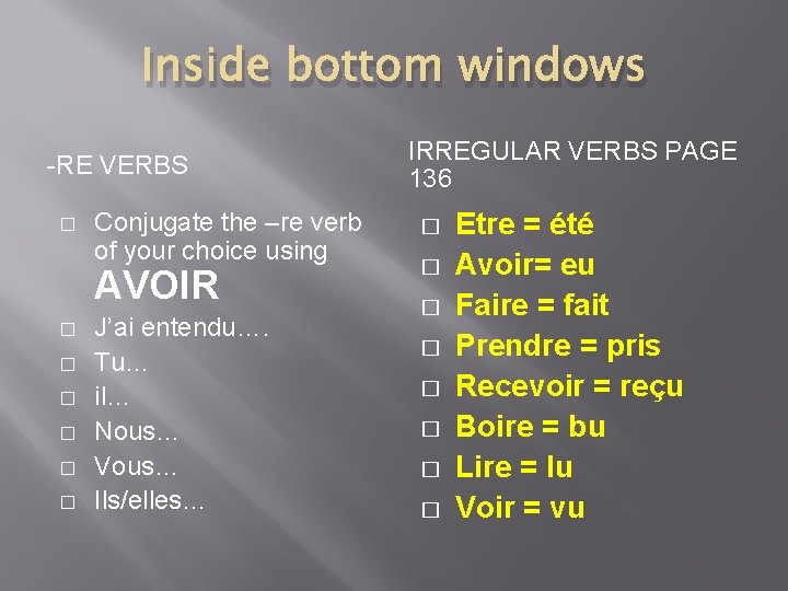Inside bottom windows -RE VERBS � Conjugate the –re verb of your choice using