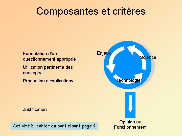 Composantes et critères Formulation d’un questionnement approprié Enjeux Science Utilisation pertinente des concepts… Production