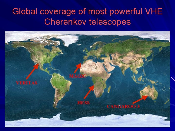 Global coverage of most powerful VHE Cherenkov telescopes MAGIC VERITAS HESS CANGAROO-3 