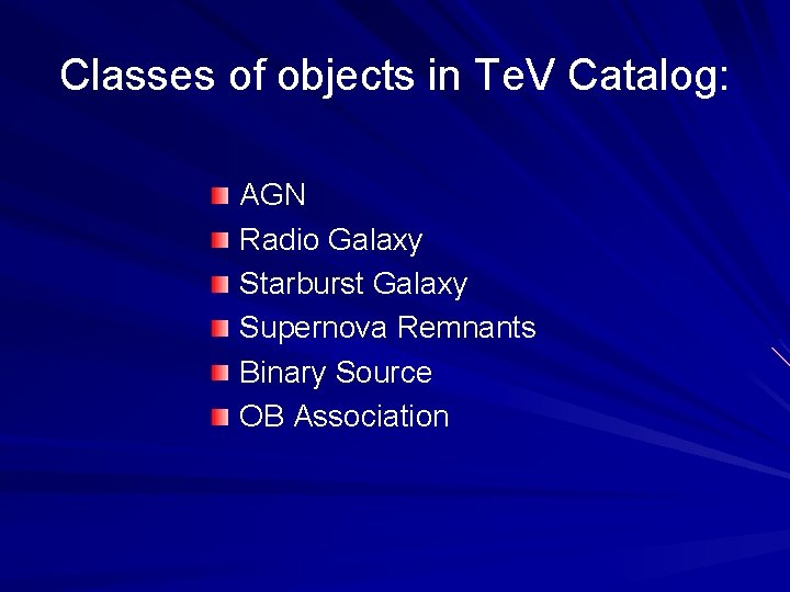 Classes of objects in Te. V Catalog: AGN Radio Galaxy Starburst Galaxy Supernova Remnants