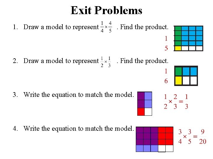 Exit Problems 1. Draw a model to represent . Find the product. 2. Draw