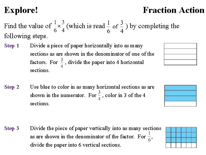 Explore! Find the value of following steps. Fraction Action (which is read ) by