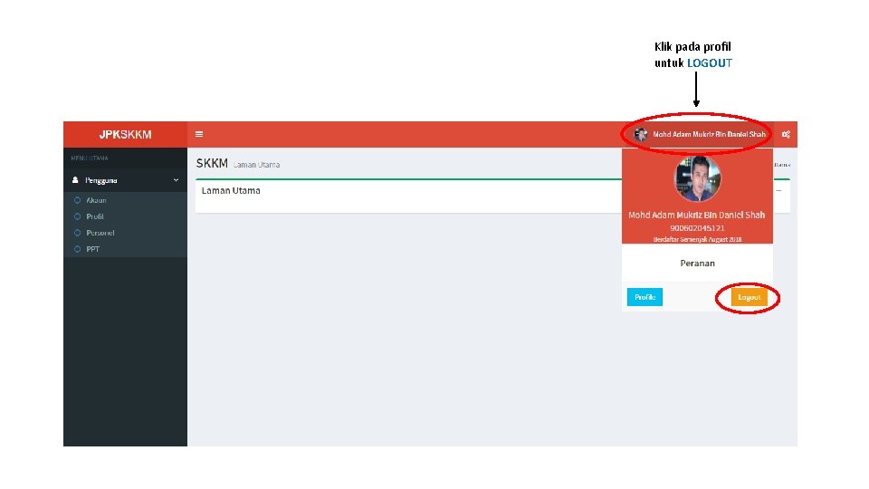 Klik pada profil untuk LOGOUT 
