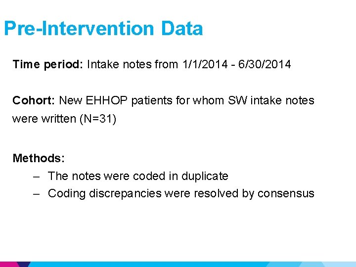 Pre-Intervention Data Time period: Intake notes from 1/1/2014 - 6/30/2014 Cohort: New EHHOP patients