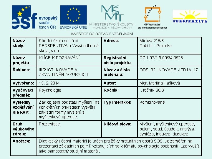 Název školy: Střední škola sociální PERSPEKTIVA a Vyšší odborná škola, s. r. o. Adresa: