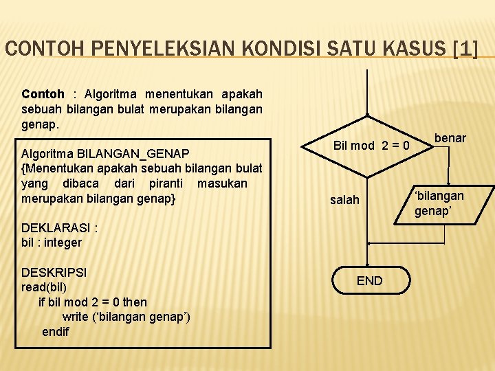 CONTOH PENYELEKSIAN KONDISI SATU KASUS [1] Contoh : Algoritma menentukan apakah sebuah bilangan bulat