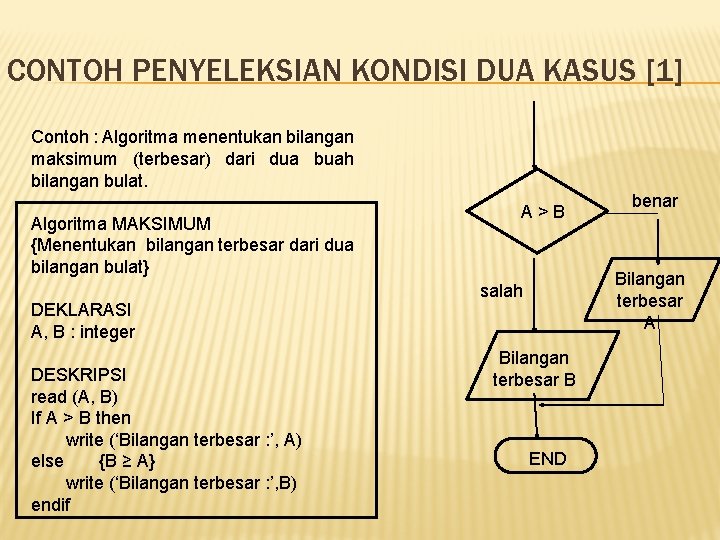 CONTOH PENYELEKSIAN KONDISI DUA KASUS [1] Contoh : Algoritma menentukan bilangan maksimum (terbesar) dari