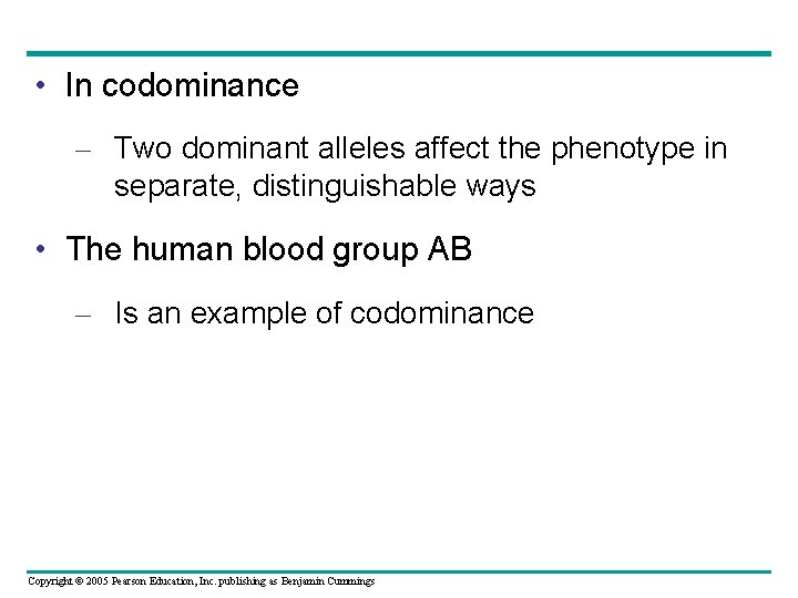  • In codominance – Two dominant alleles affect the phenotype in separate, distinguishable