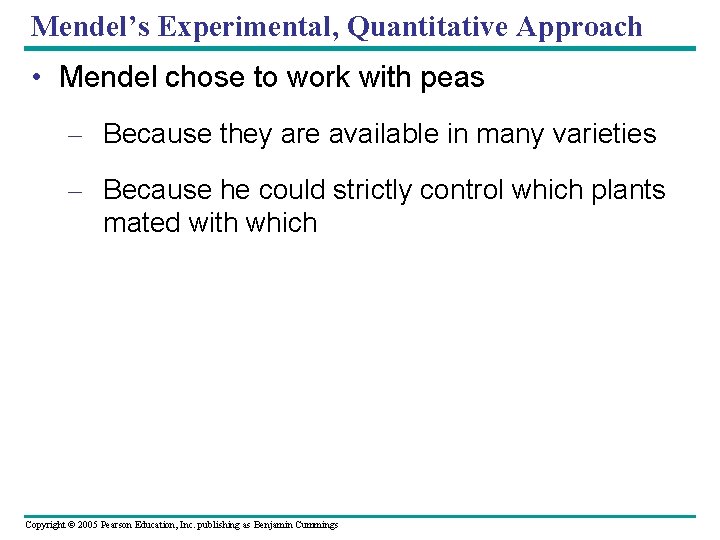 Mendel’s Experimental, Quantitative Approach • Mendel chose to work with peas – Because they