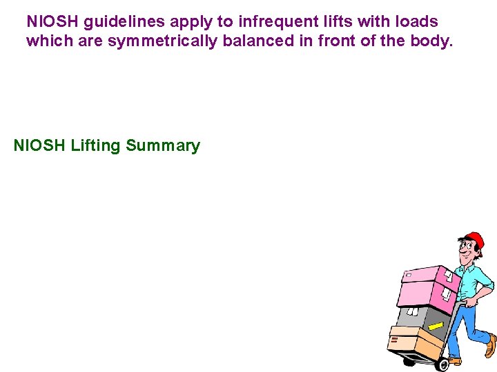 NIOSH guidelines apply to infrequent lifts with loads which are symmetrically balanced in front