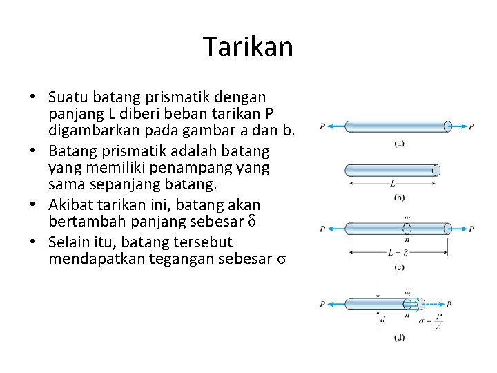 Tarikan • Suatu batang prismatik dengan panjang L diberi beban tarikan P digambarkan pada