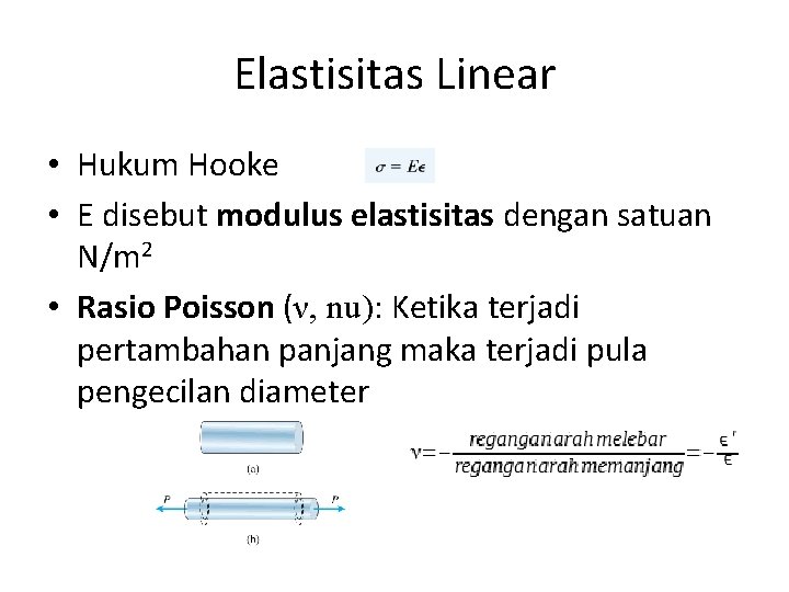 Elastisitas Linear • Hukum Hooke • E disebut modulus elastisitas dengan satuan N/m 2