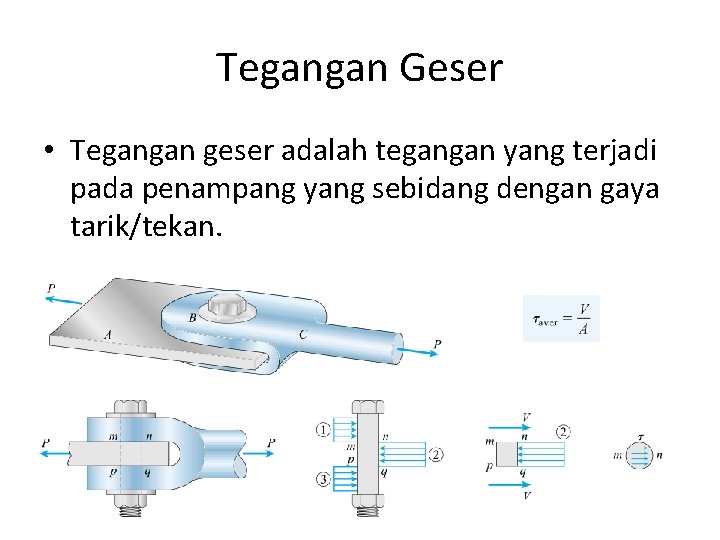 Tegangan Geser • Tegangan geser adalah tegangan yang terjadi pada penampang yang sebidang dengan