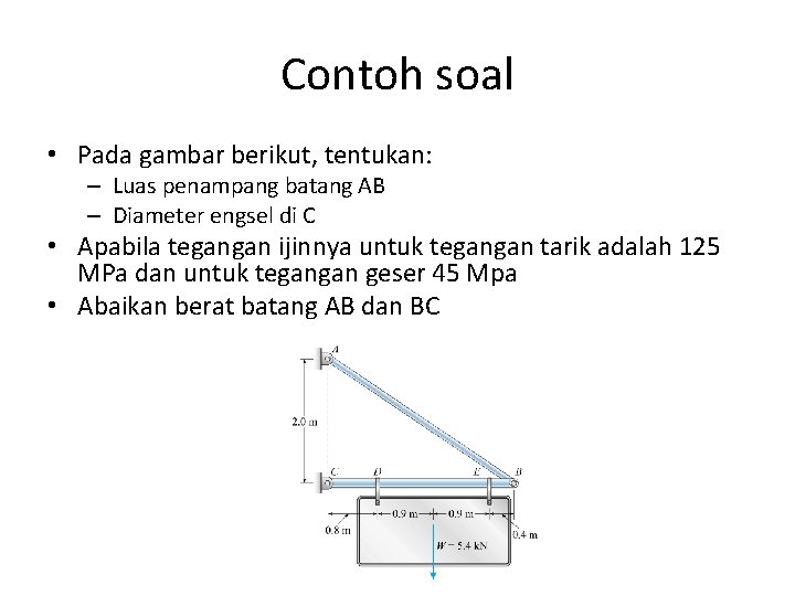 Contoh soal • Pada gambar berikut, tentukan: – Luas penampang batang AB – Diameter