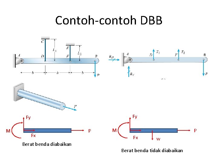 Contoh-contoh DBB Fy Fy M Fx Berat benda diabaikan P M P Fx w